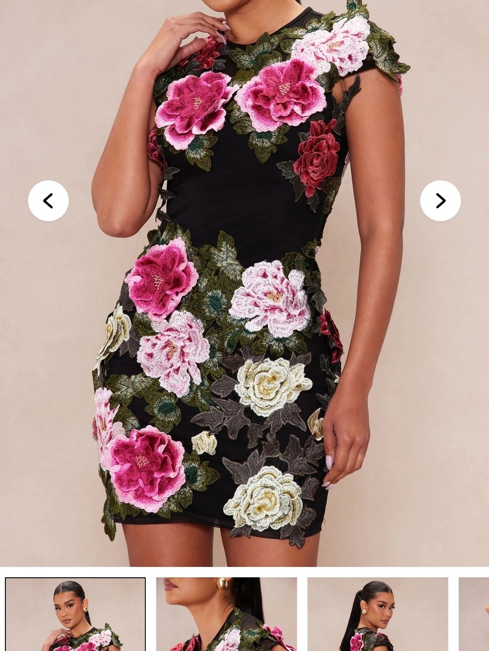 Black Floral Appliqué Bodycon Dress - Pink & Cream Flowers
